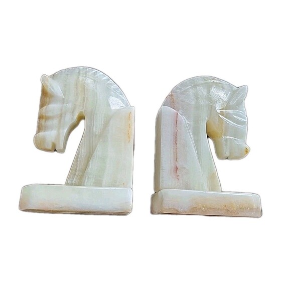 Vintage 5" Onyx Horse Head Equestrian Trojan Bookends Carved Stone Home Decor - Picture 1 of 14